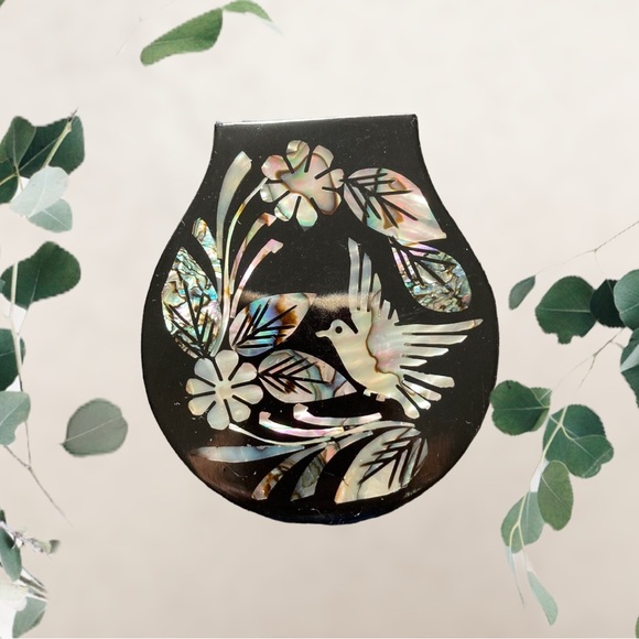 Compact Mirror Enameled Mother of Pearl Inlaid, Hinged Wood, Bird Spring Floral - Picture 3 of 5